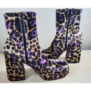 Betsey Johnson Tobi Purple Leopard Calf Hair Platform Ankle Booties Block Heel